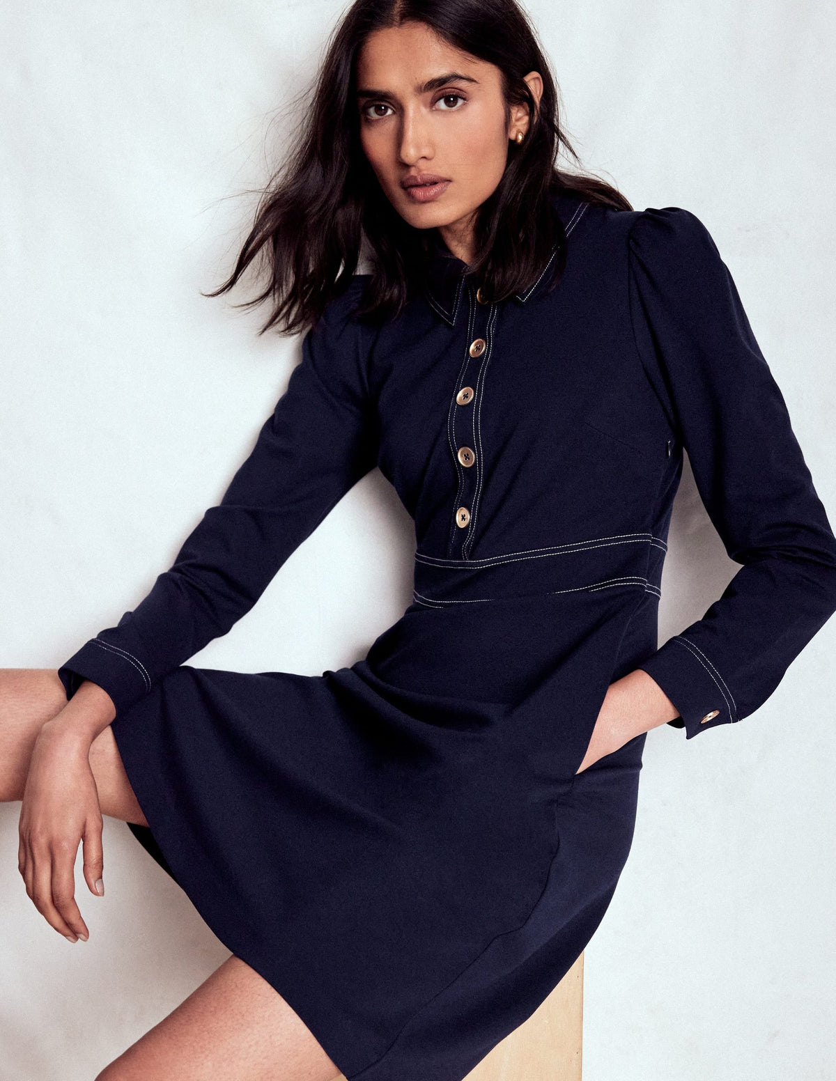 Nicolette Long Sleeve Dress-Navy