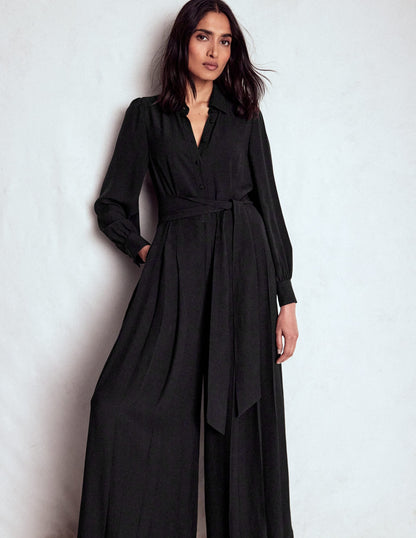 Button Up Palazzo Jumpsuit-Black