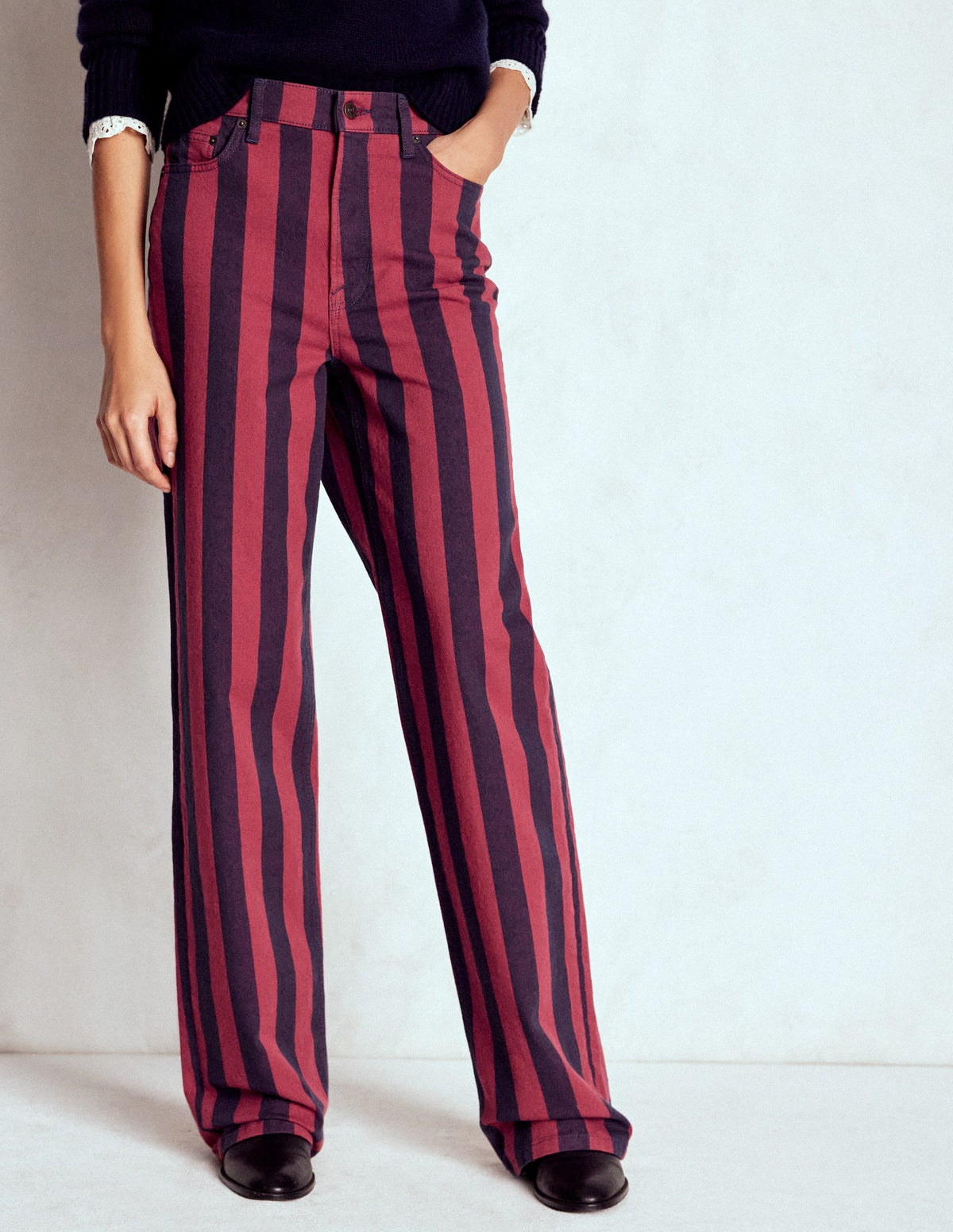 High Rise Column Leg Jeans-Red and Navy Stripe