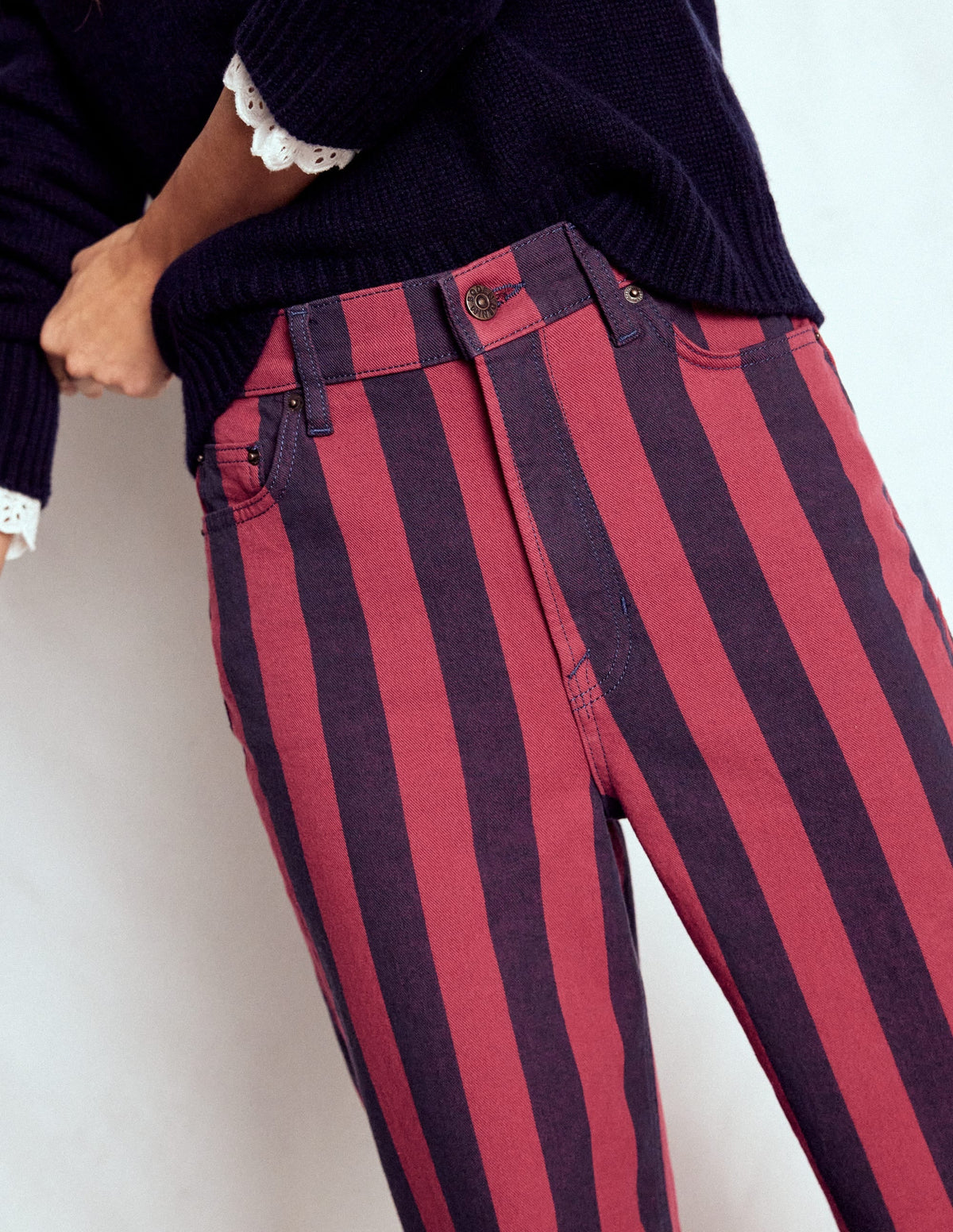 High Rise Column Leg Jeans-Red and Navy Stripe