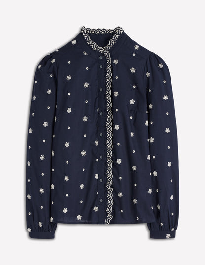 Helena Cotton Top-Navy, White Embroidery