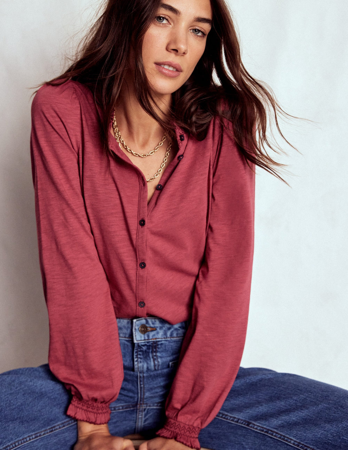 Effie Smocked Detail Shirt-Terracotta Red