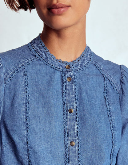 Rhea Trim Insert Denim Top-Light Vintage