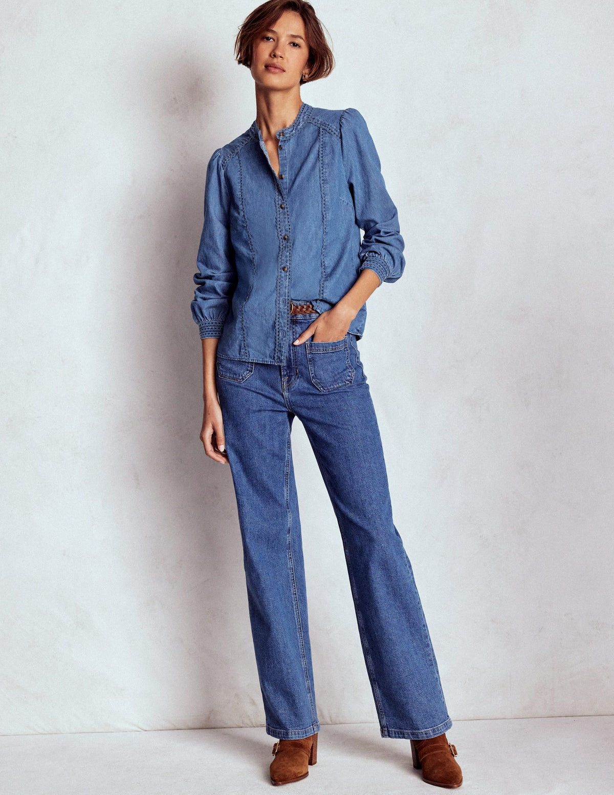 Rhea Trim Insert Denim Top-Light Vintage