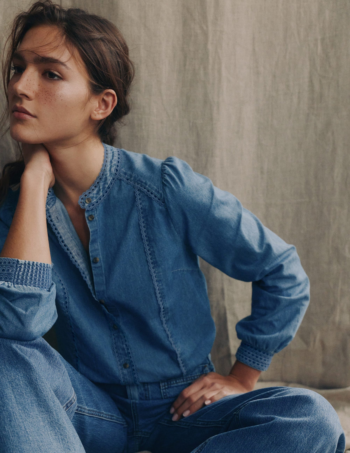 Rhea Trim Insert Denim Top-Light Vintage