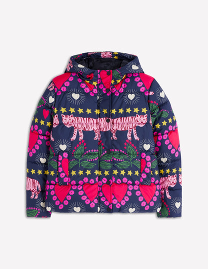 Padded Puffer Coat-French Navy, Embellished Tiger
