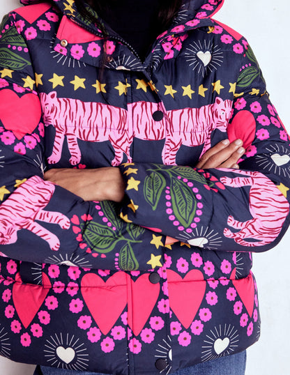 Padded Puffer Coat-French Navy, Embellished Tiger