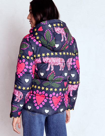 Padded Puffer Coat-French Navy, Embellished Tiger