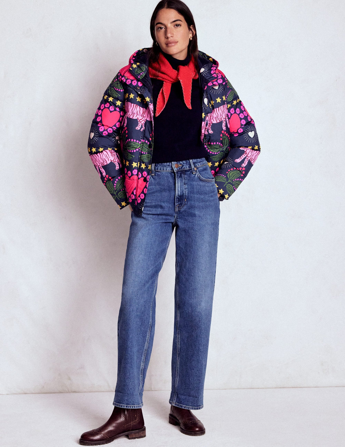 Padded Puffer Coat-French Navy, Embellished Tiger