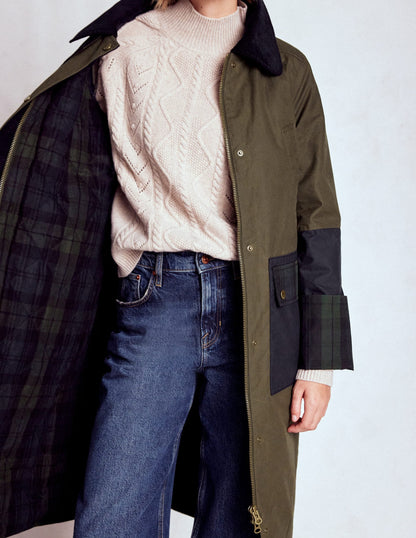 Longline Wax Coat-Navy Khaki Colourblock