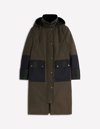 Longline Wax Coat-Navy Khaki Colourblock