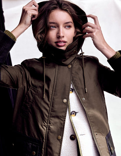 Longline Wax Coat-Navy Khaki Colourblock