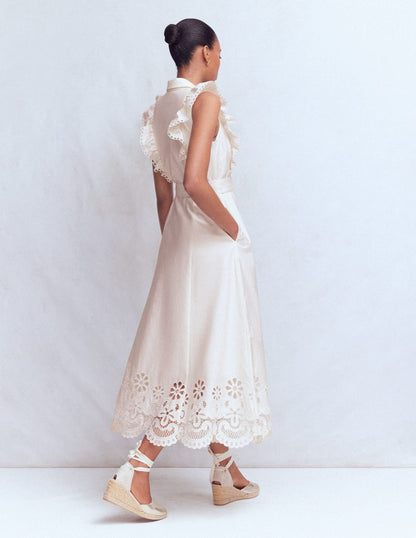 Ruffle Bodice Shirt Dress-White Broderie Trim
