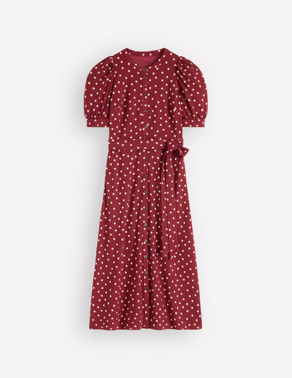 Puff Sleeve Ponte Shirt Dress-Red Pear, Painted Dot