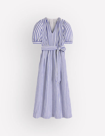 Double Cloth Puff Sleeve Dress-Blue Ivory Stripe