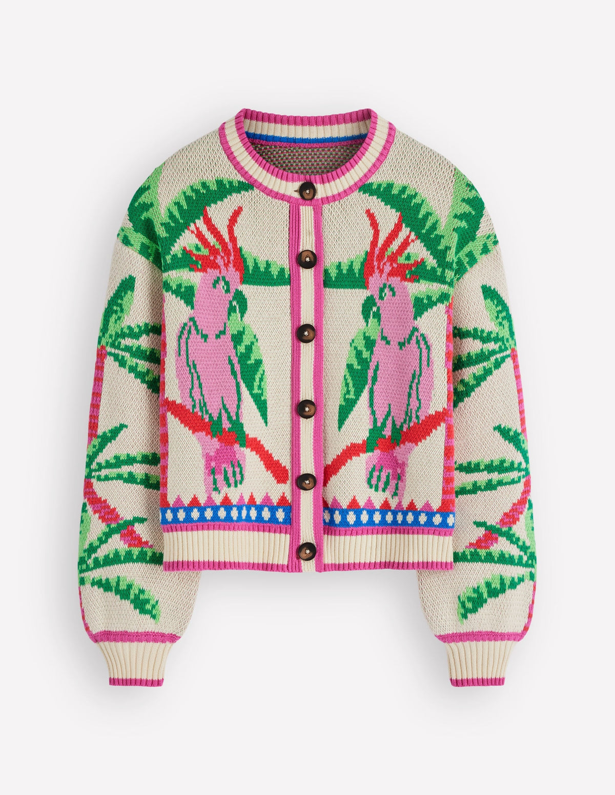 Abi Jacquard Cardigan-Warm Ivory, Palm Tree Birds