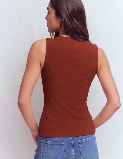 Evie Button Through Rib Vest-Burnt Orange