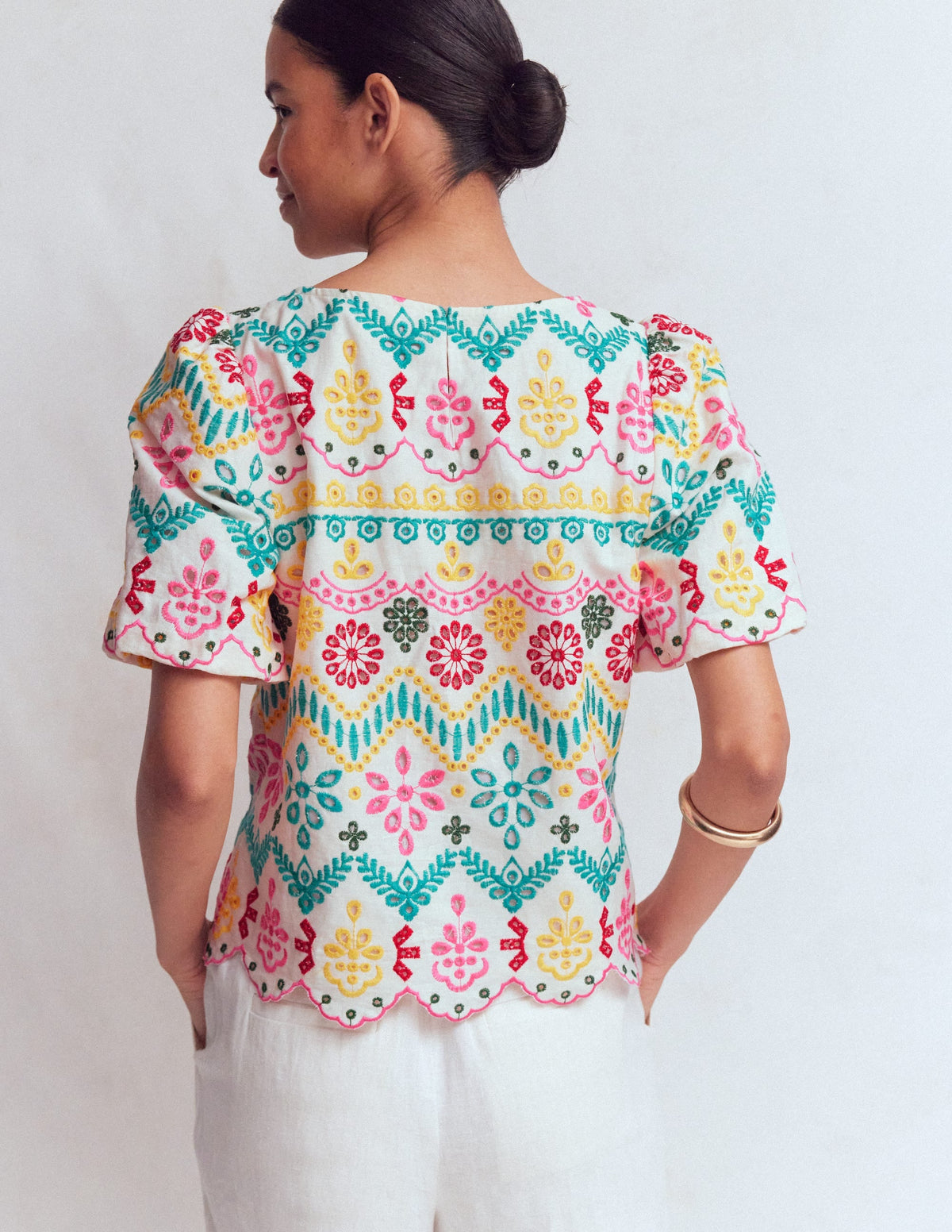 Linen Puff Sleeve Top-Multi Broderie