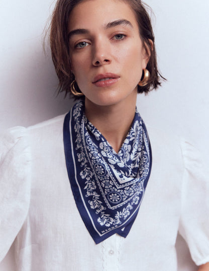Elisabeth Silk Square Scarf-Navy Decorative Blossom