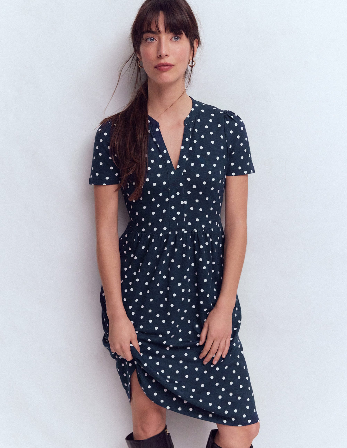 Naomi Short Sleeve Dress-French Navy, Painted Dot