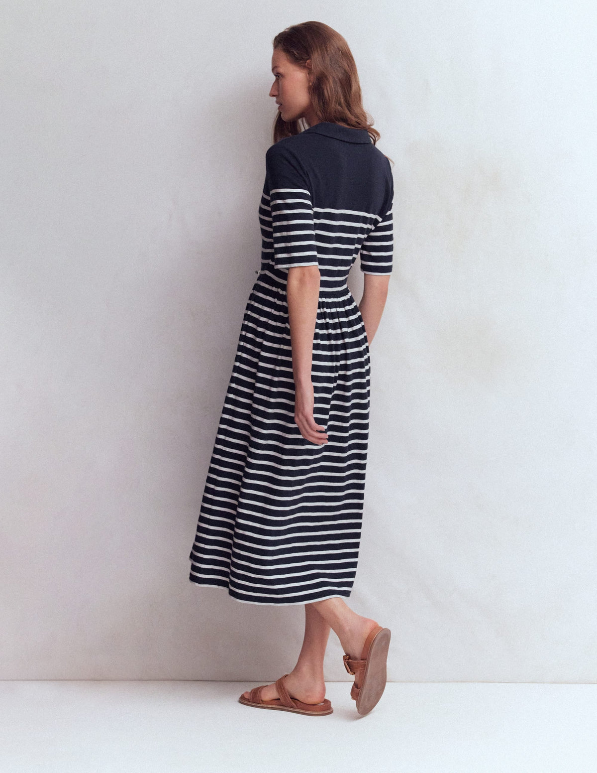 Aria Collared Jersey Dress-Navy, Ivory Stripe