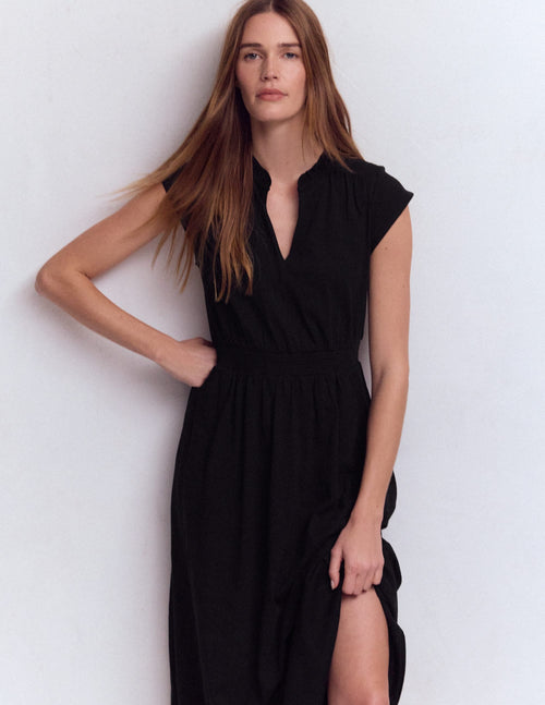 Alba Smocked Jersey Midi Dress-Black