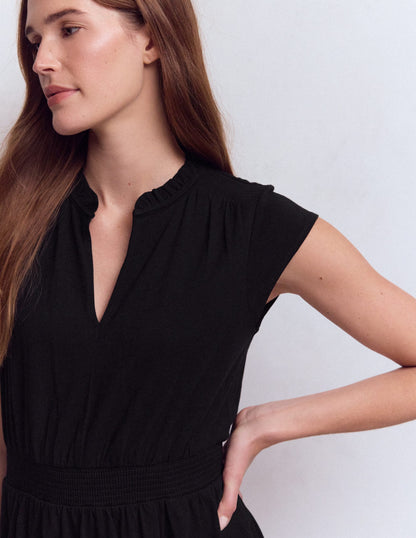 Alba Smocked Jersey Midi Dress-Black