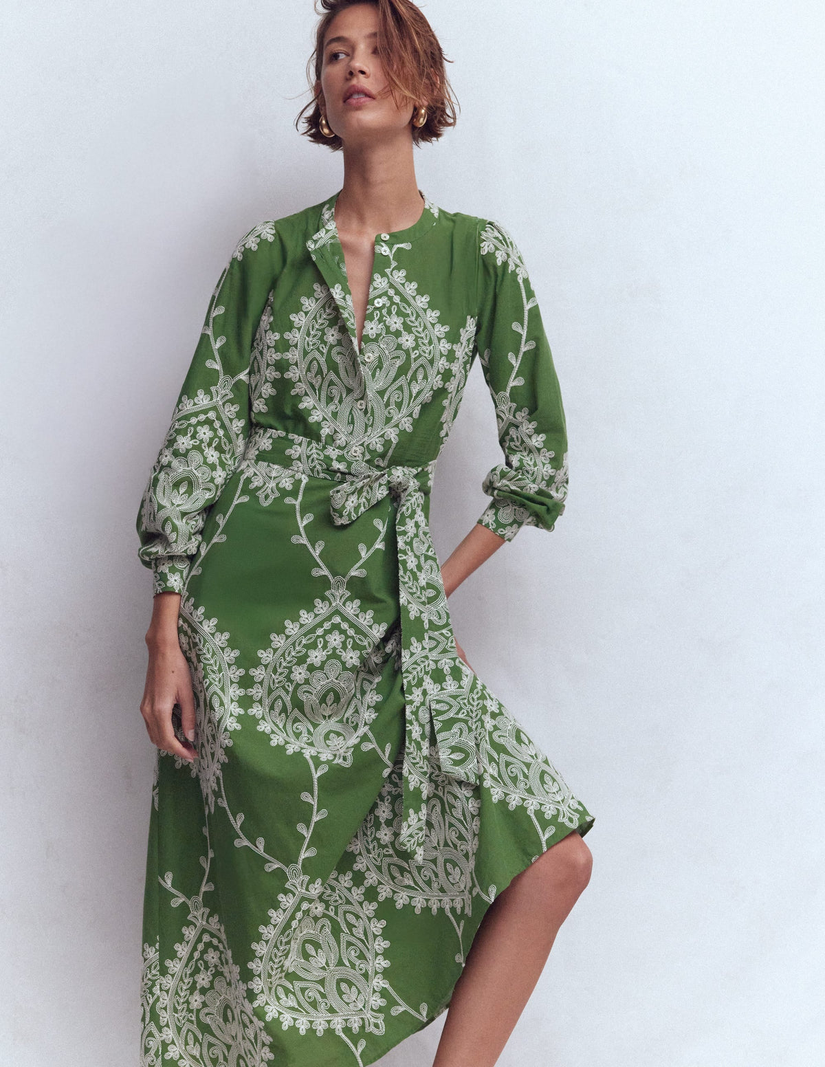Ava Cotton Midi Dress-Green Broderie