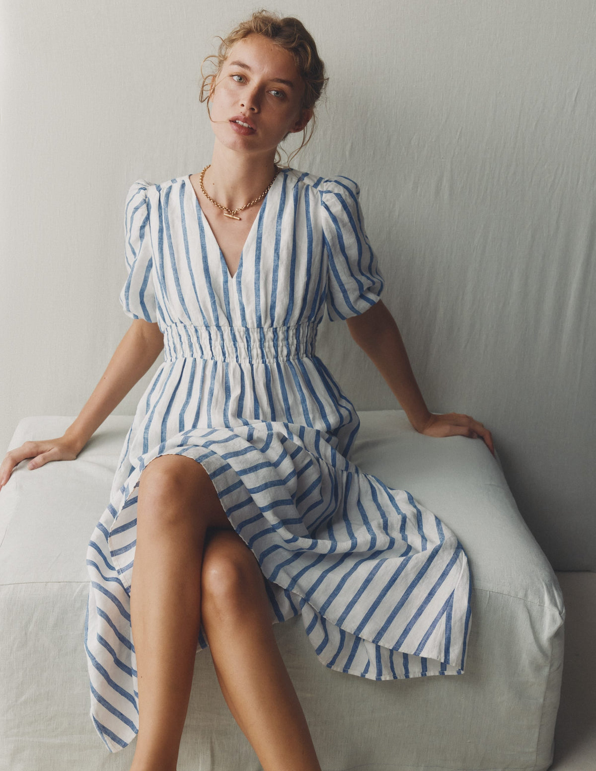 Irene Linen Midi Dress-Blue Stripe