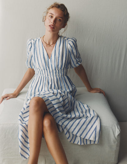 Irene Linen Midi Dress-Blue Stripe