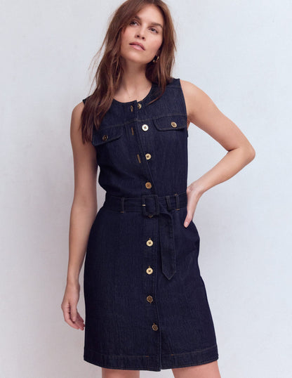 Short Gold Button Denim Dress-Indigo