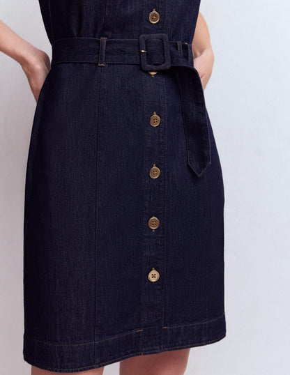 Short Gold Button Denim Dress-Indigo