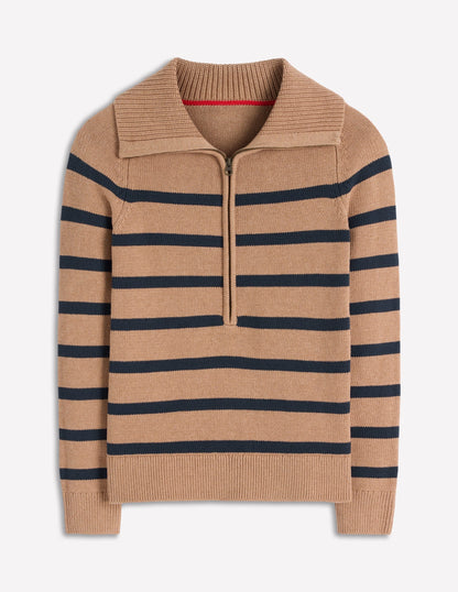 Lucy Half Zip Sweater-Camel Melange, Navy Stripe