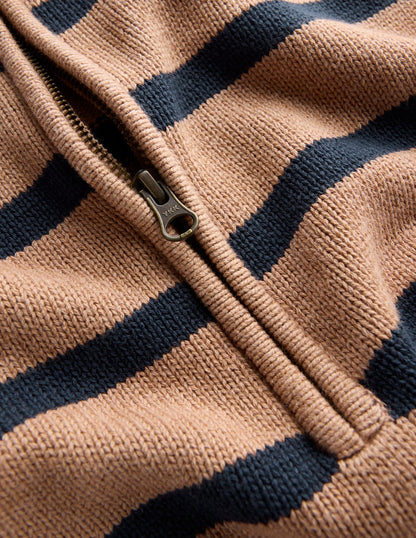Lucy Half Zip Sweater-Camel Melange, Navy Stripe