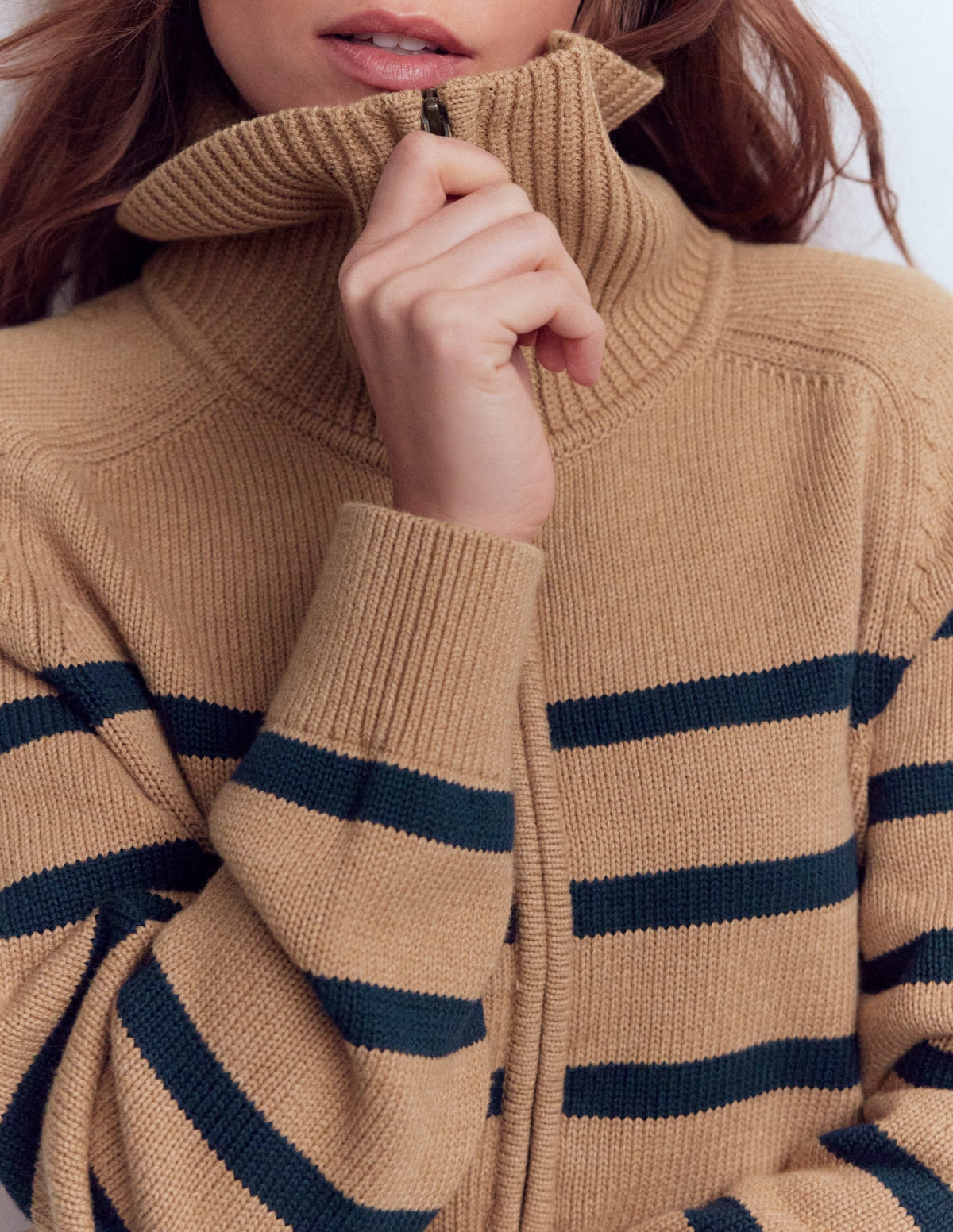 Lucy Half Zip Sweater-Camel Melange, Navy Stripe