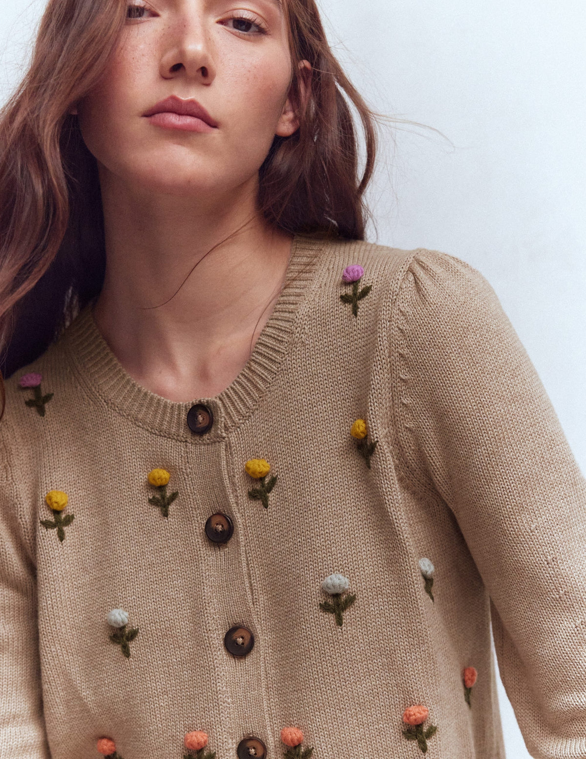 Davina Puff Sleeve Cardigan-Chinchilla Embroidery