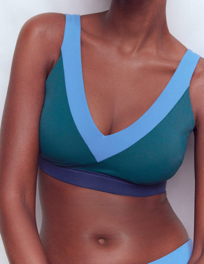 Campania Cross-back Bikini Top-Navy, Green, Blue Colourblock