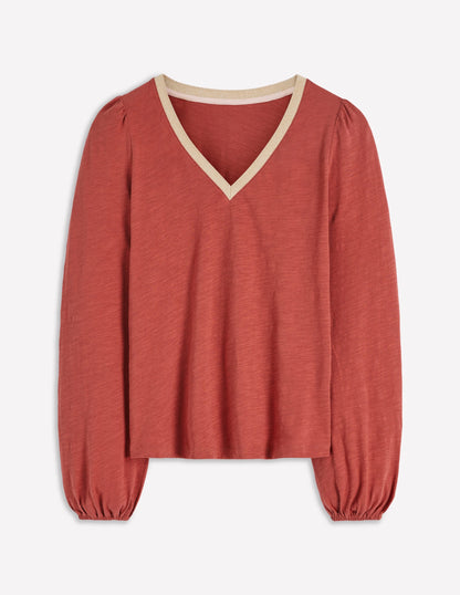Metallic Trim V-neck Top-Barn Red
