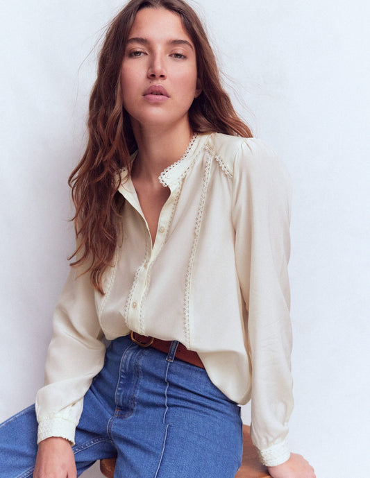 Rhea Trim Detail Silk Top-Ivory