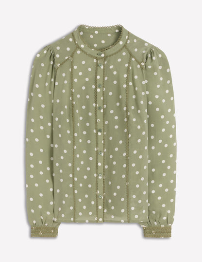Rhea Trim Detail Silk Top-Larch Green, Painted Dot