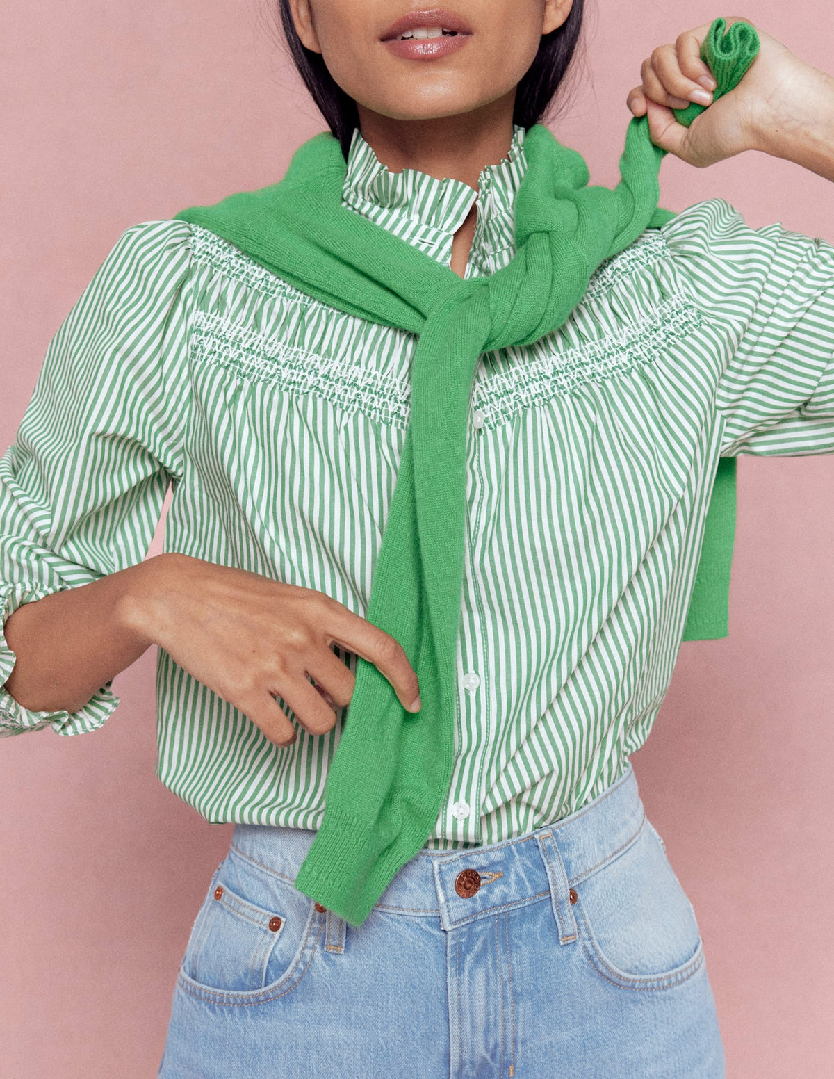 Esme Smocked Detail Frill Top-Highland Green, Ivory Stripe