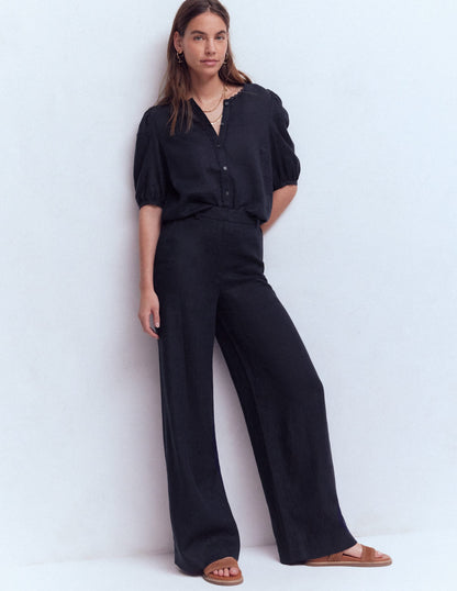 Leah Short Sleeve Linen Top-Navy