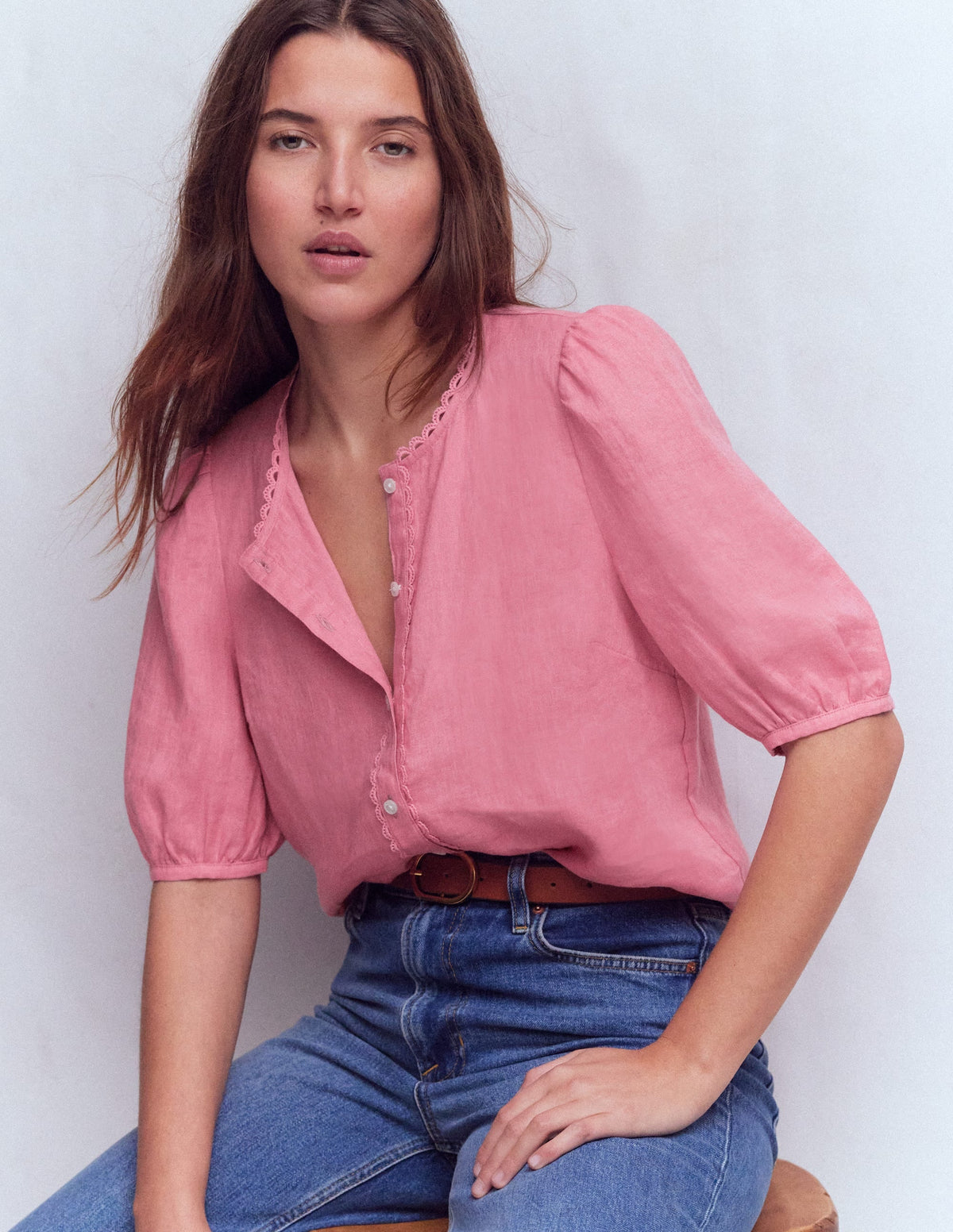 Leah Short Sleeve Linen Top-Pink Parfait
