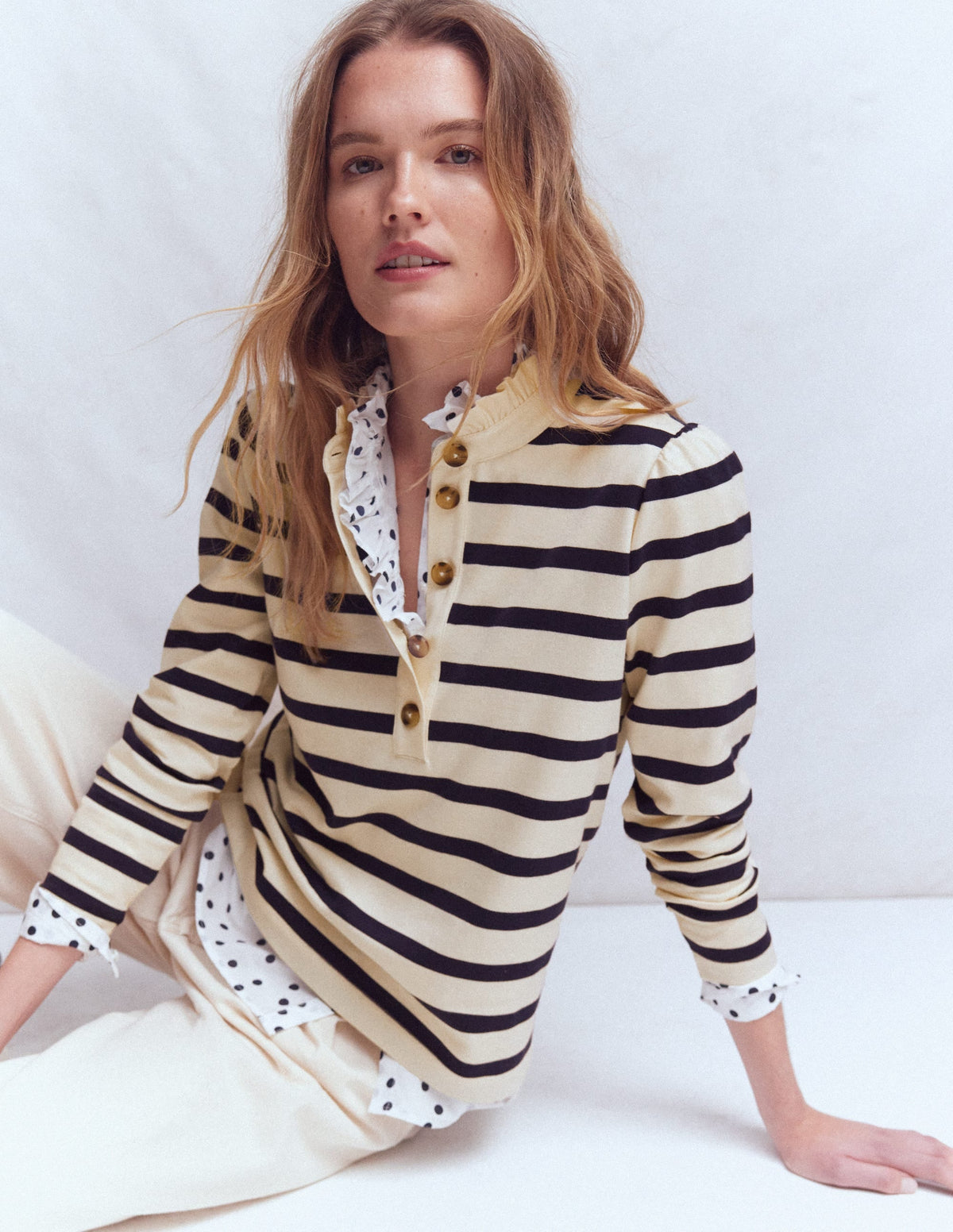 Ruffle Collar Mariner-Ivory and Navy Stripe