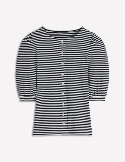 Evie Ribbed Puff Sleeve Top-Ivory, Navy Stripe