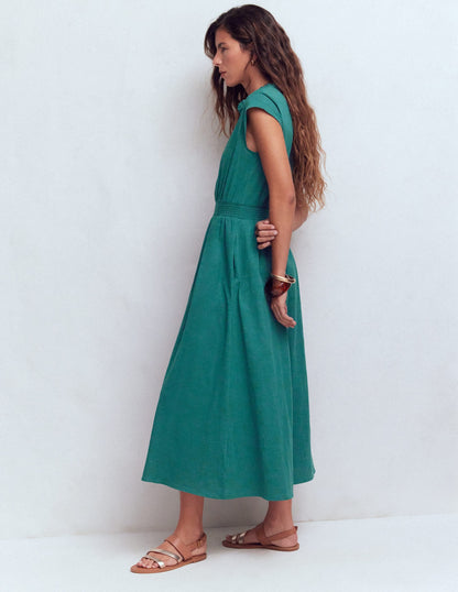 Alba Smocked Jersey Midi Dress-Drake Green