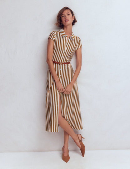 Marcia Jersey Shirt Dress-Cognac and Ivory Stripe