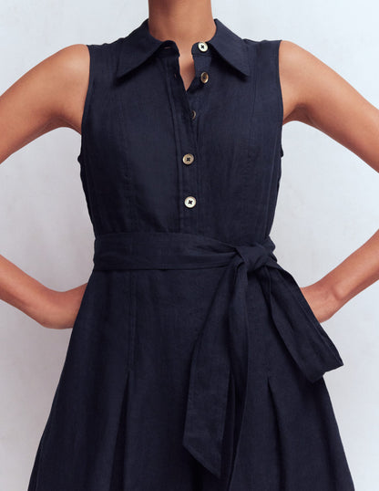 Belinda Linen Shirt Dress-Navy