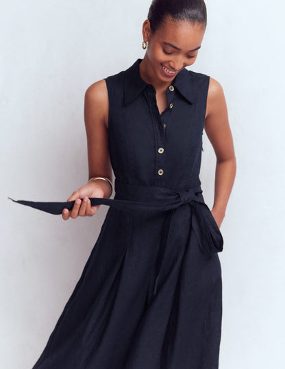 Belinda Linen Shirt Dress-Navy