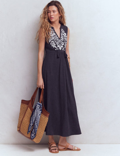 Notch Neck Jersey Maxi Dress-Navy
